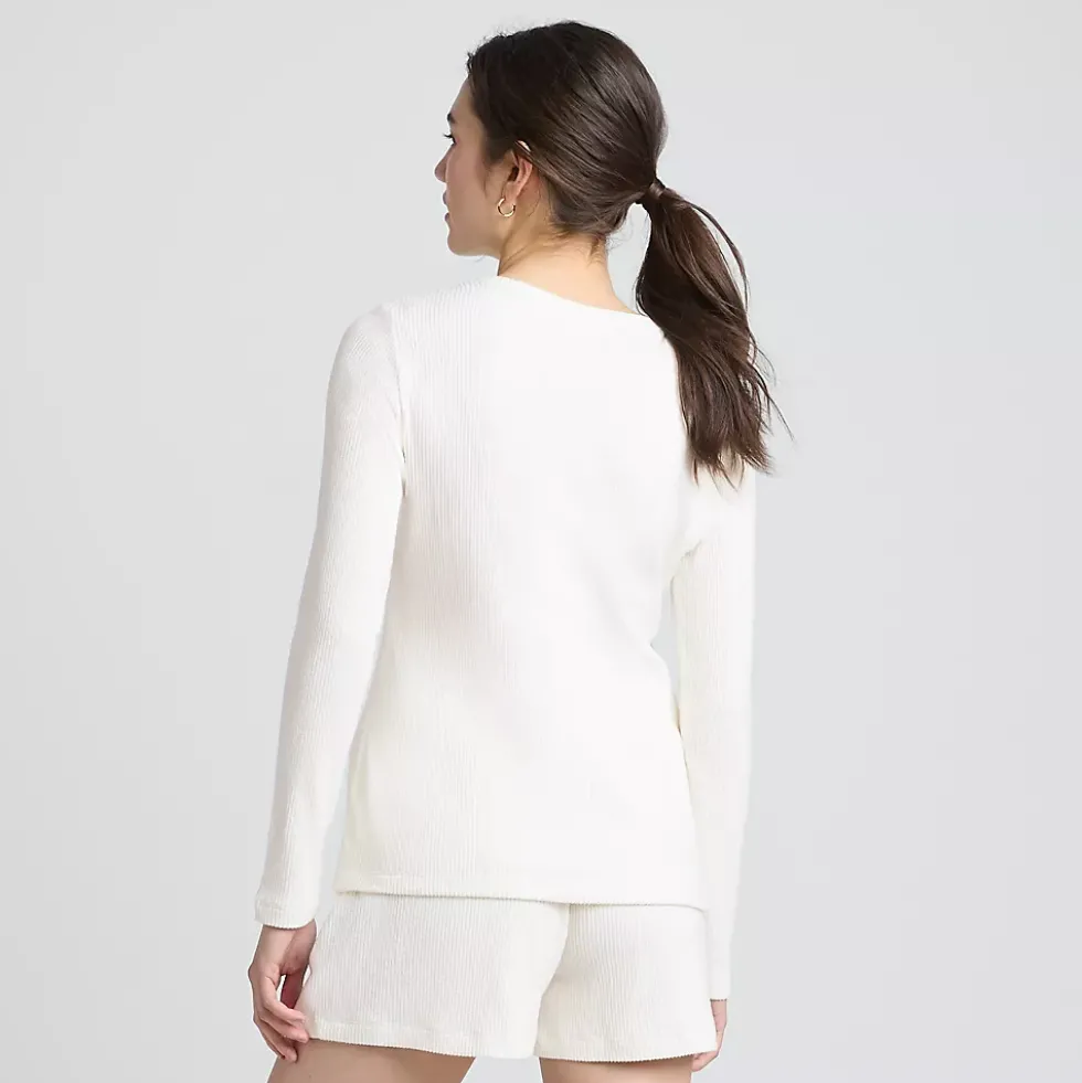 Women's Cozy Brushed Rib 2 Piece Pajama Set - Long Sleeve Top and Shorts