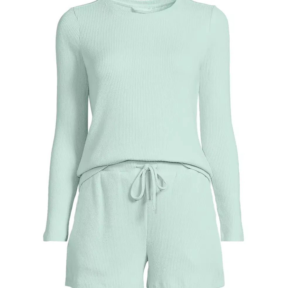 Women's Cozy Brushed Rib 2 Piece Pajama Set - Long Sleeve Top and Shorts