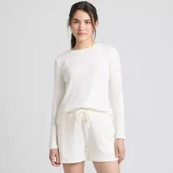 Women's Cozy Brushed Rib 2 Piece Pajama Set - Long Sleeve Top and Shorts
