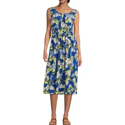 Women's Creaseless Scoop Neck Smocked Midi Dress