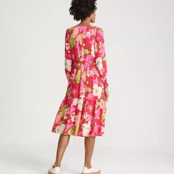Women's Crepe Button Front Long Sleeve Midi Dress