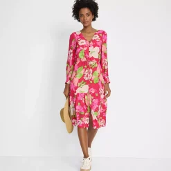 Women's Crepe Button Front Long Sleeve Midi Dress