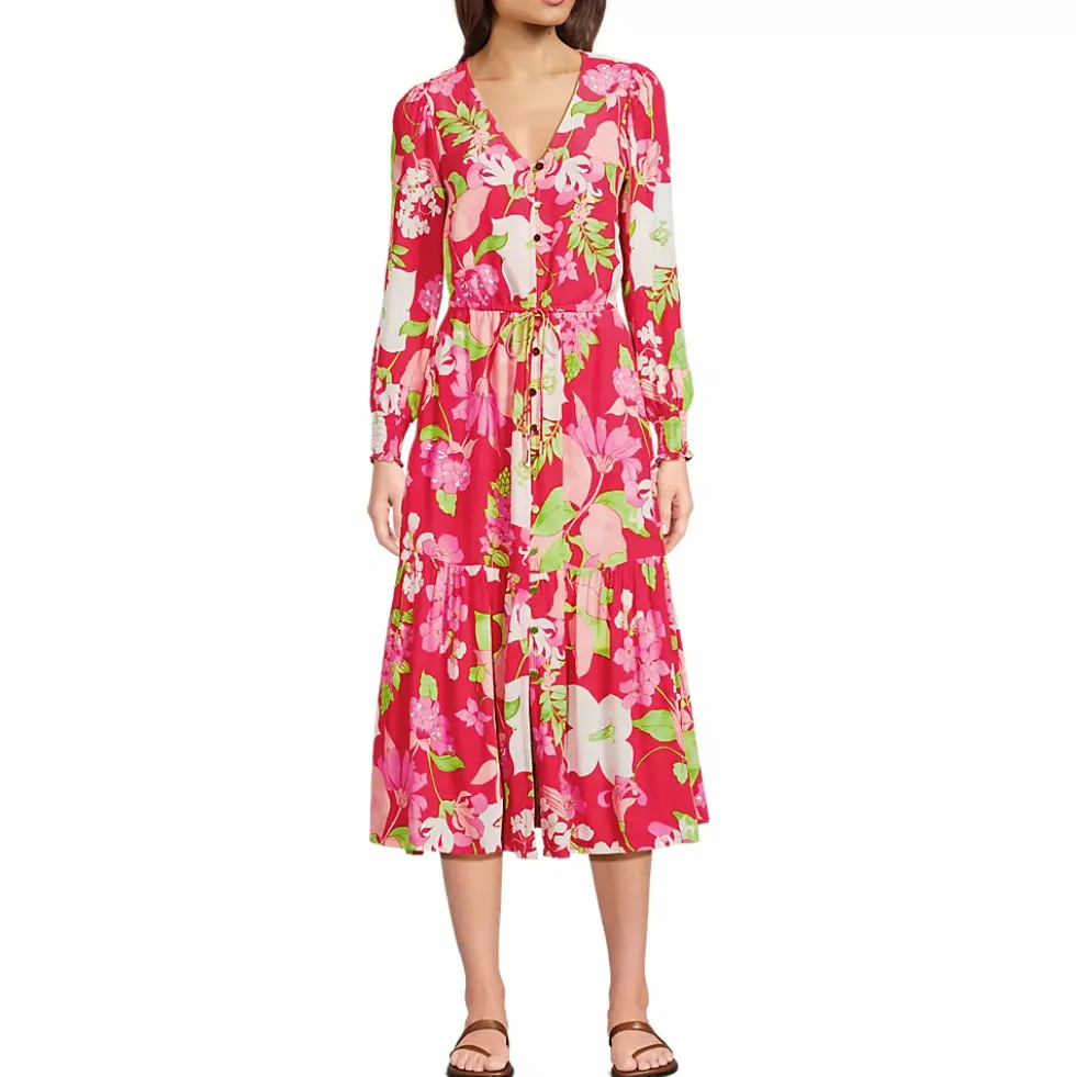 Women's Crepe Button Front Long Sleeve Midi Dress