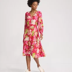 Women's Crepe Button Front Long Sleeve Midi Dress