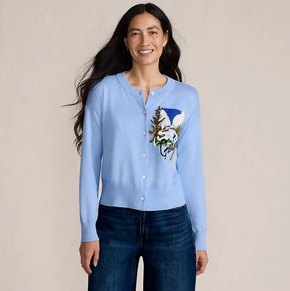 Women's Cropped Placed Jacquard Fine Gauge Crew Neck Cardigan Sweater