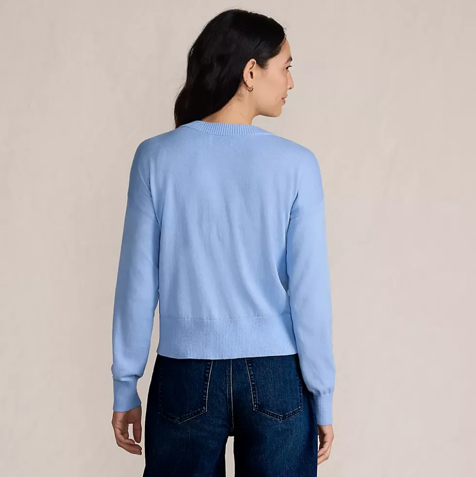 Women's Cropped Placed Jacquard Fine Gauge Crew Neck Cardigan Sweater