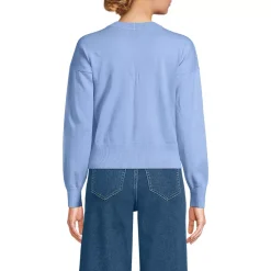 Women's Cropped Placed Jacquard Fine Gauge Crew Neck Cardigan Sweater