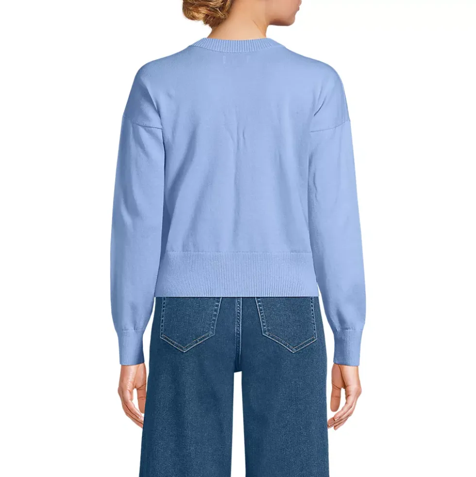 Women's Cropped Placed Jacquard Fine Gauge Crew Neck Cardigan Sweater