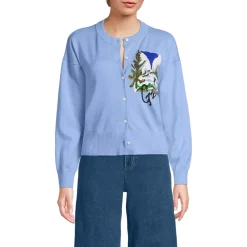 Women's Cropped Placed Jacquard Fine Gauge Crew Neck Cardigan Sweater