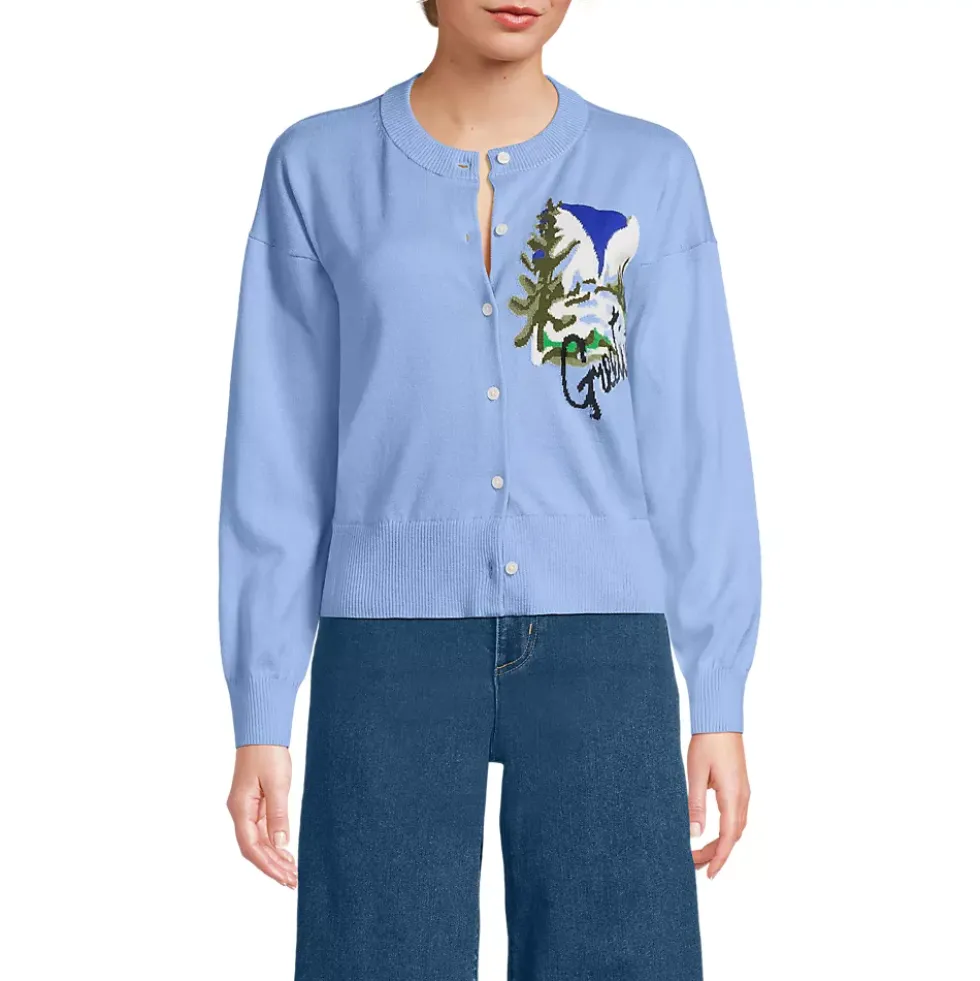 Women's Cropped Placed Jacquard Fine Gauge Crew Neck Cardigan Sweater