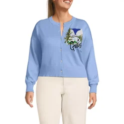 Women's Cropped Placed Jacquard Fine Gauge Crew Neck Cardigan Sweater