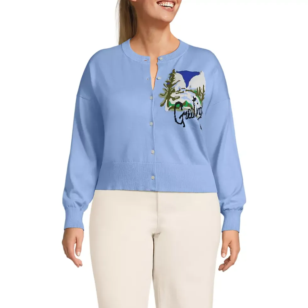 Women's Cropped Placed Jacquard Fine Gauge Crew Neck Cardigan Sweater