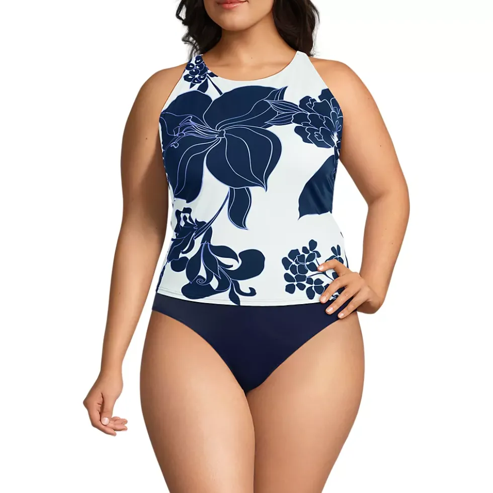 Women's D-Cup Tugless High Neck Strappy Back Tankini Swimsuit Top