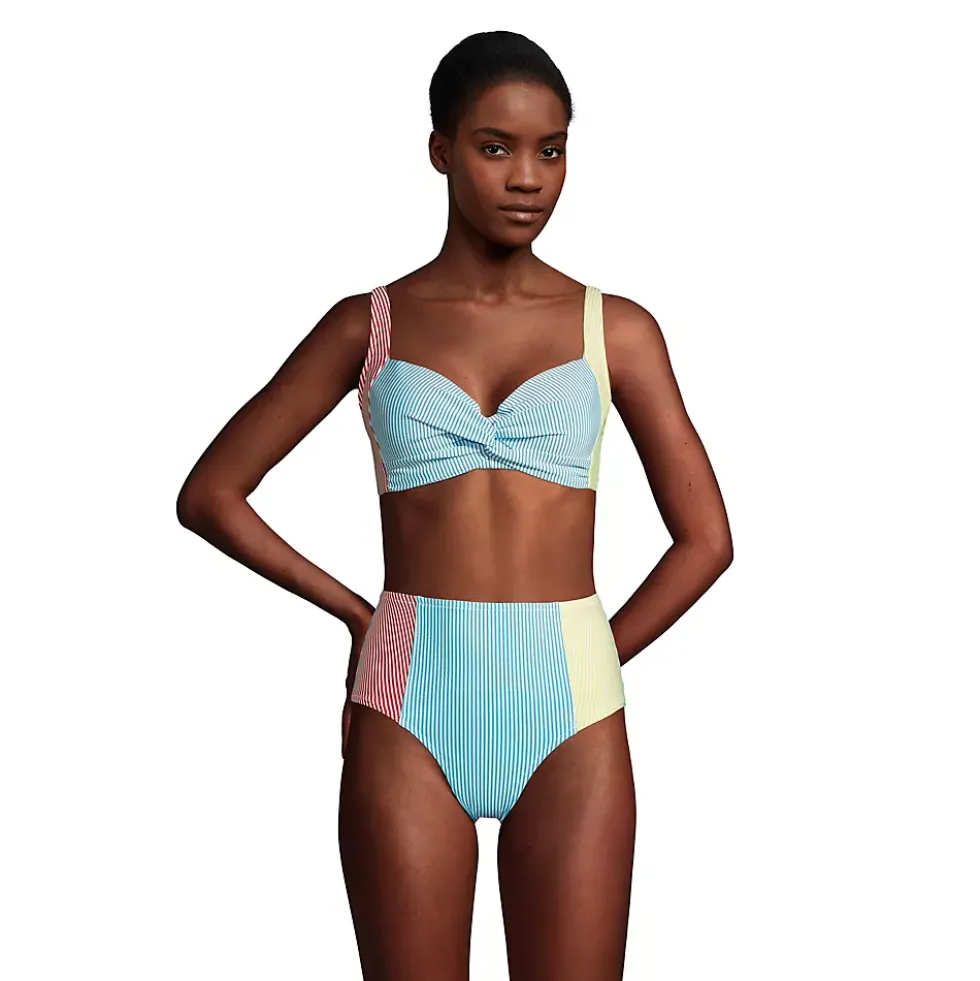 Women's DD-Cup Chlorine Resistant Twist Underwire Bikini Top Swimsuit Adjustable Straps Seersucker