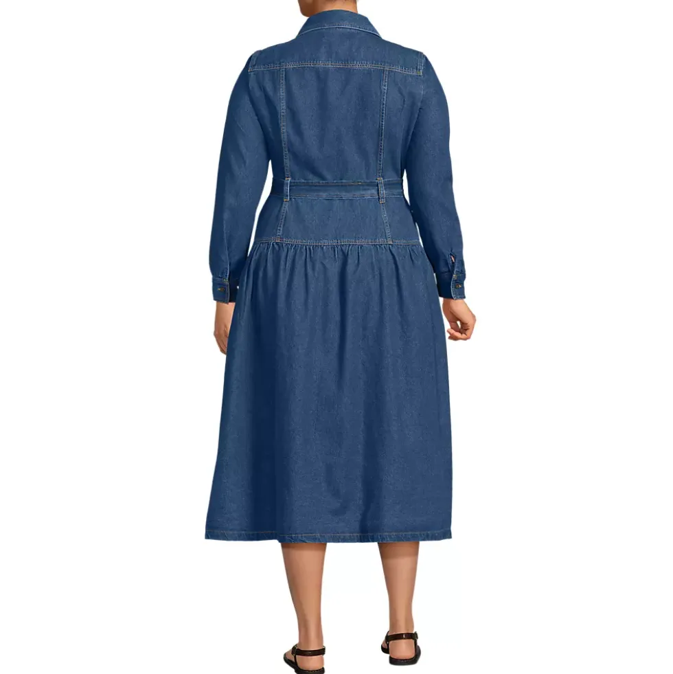 Women's Denim Button Front Midi Shirt Dress