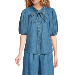 Women's Denim Puff Sleeve Tie Front Top