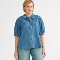 Women's Denim Puff Sleeve Tie Front Top