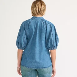 Women's Denim Puff Sleeve Tie Front Top