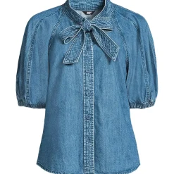 Women's Denim Puff Sleeve Tie Front Top