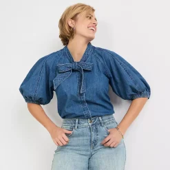 Women's Denim Puff Sleeve Tie Front Top