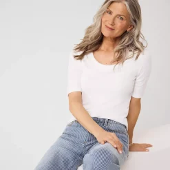 Women's Drapey Rib Fitted Elbow Sleeve Scoop Neck Tee