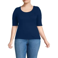 Women's Drapey Rib Fitted Elbow Sleeve Scoop Neck Tee