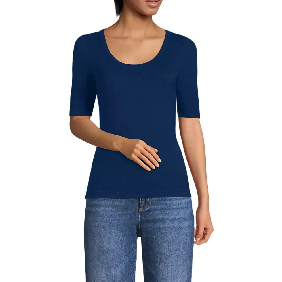 Women's Drapey Rib Fitted Elbow Sleeve Scoop Neck Tee