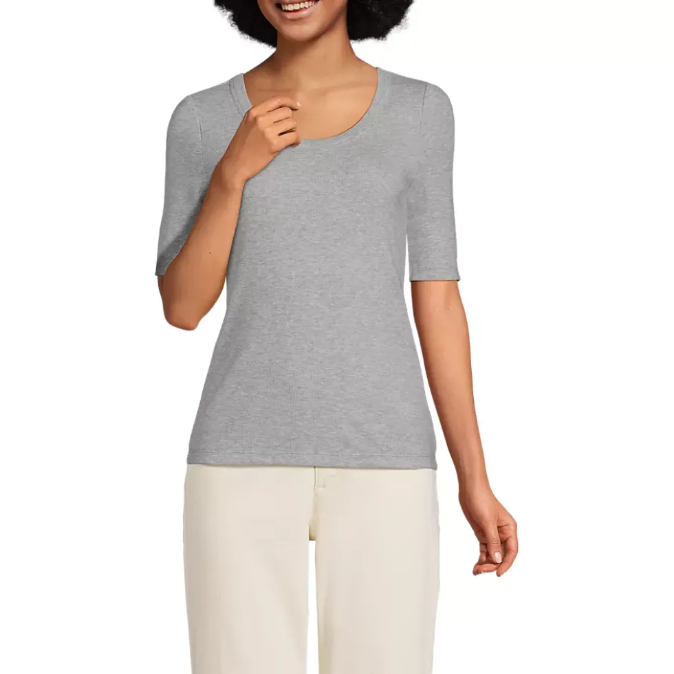Women's Drapey Rib Fitted Elbow Sleeve Scoop Neck Tee