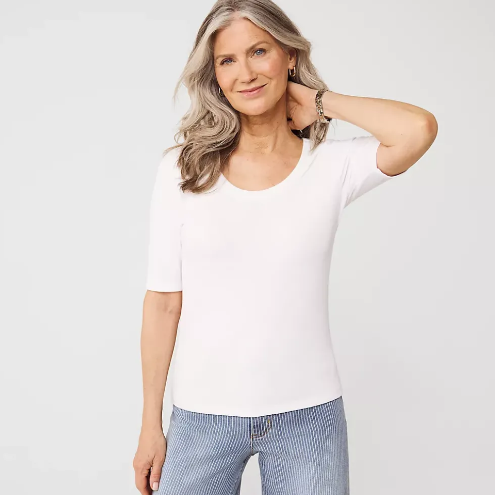 Women's Drapey Rib Fitted Elbow Sleeve Scoop Neck Tee
