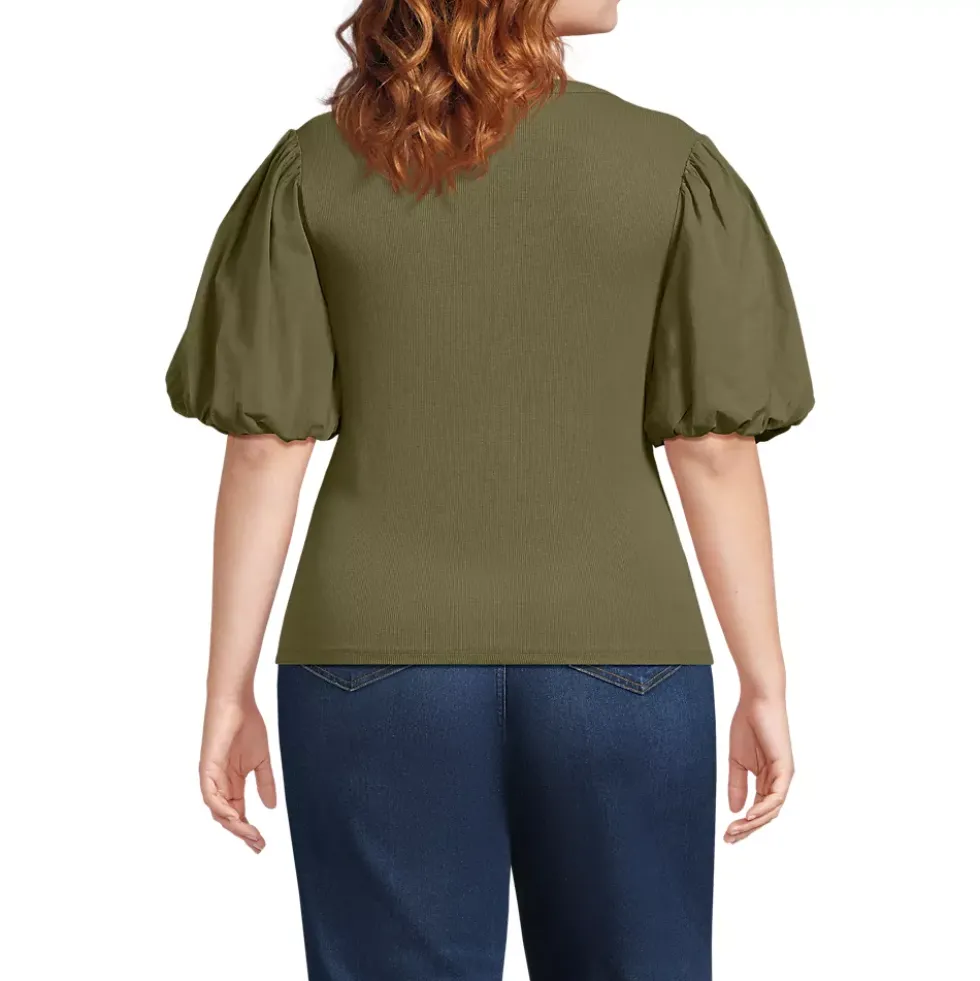 Women's Drapey Rib Puff Sleeve Scoop Neck Top