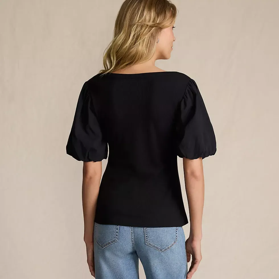 Women's Drapey Rib Puff Sleeve Scoop Neck Top