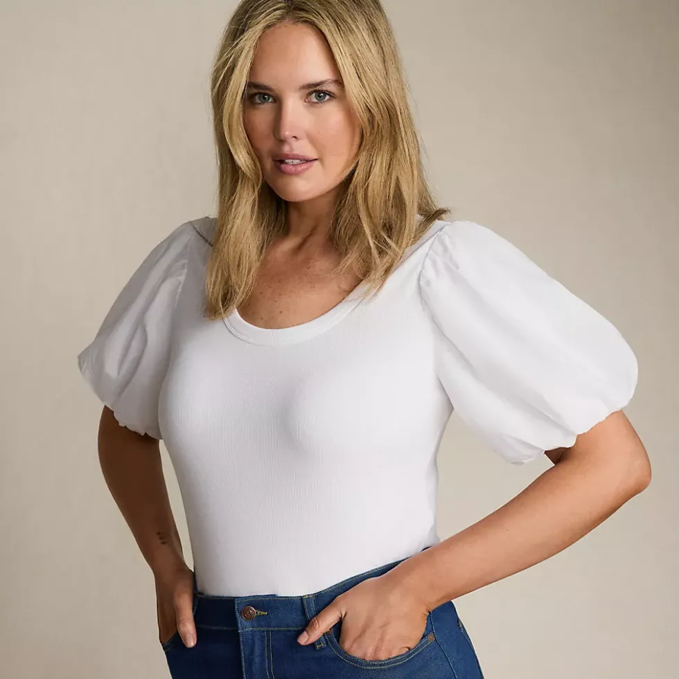 Women's Drapey Rib Puff Sleeve Scoop Neck Top