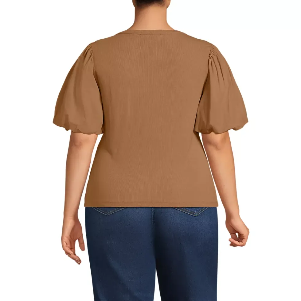 Women's Drapey Rib Puff Sleeve Scoop Neck Top