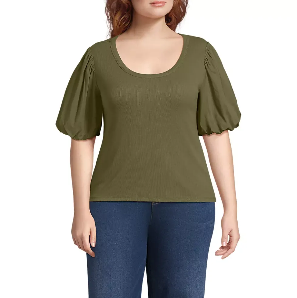 Women's Drapey Rib Puff Sleeve Scoop Neck Top