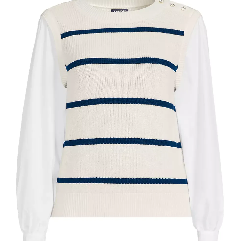 Women's Drifter Shaker Button Shoulder Sweater Vest with Poplin Sleeves