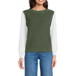 Women's Drifter Shaker Button Shoulder Sweater Vest with Poplin Sleeves