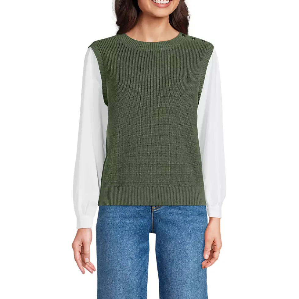 Women's Drifter Shaker Button Shoulder Sweater Vest with Poplin Sleeves