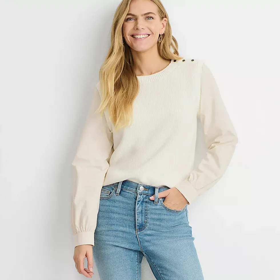 Women's Drifter Shaker Button Shoulder Sweater Vest with Poplin Sleeves