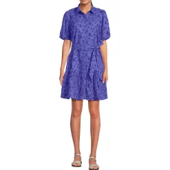 Women's Elbow Sleeve Eyelet Knee Length Shirt Dress
