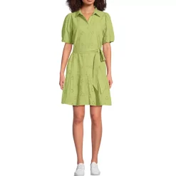 Women's Elbow Sleeve Eyelet Knee Length Shirt Dress