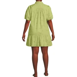 Women's Elbow Sleeve Eyelet Knee Length Shirt Dress