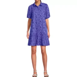 Women's Elbow Sleeve Eyelet Knee Length Shirt Dress
