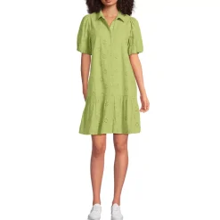 Women's Elbow Sleeve Eyelet Knee Length Shirt Dress