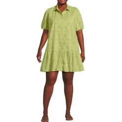 Women's Elbow Sleeve Eyelet Knee Length Shirt Dress