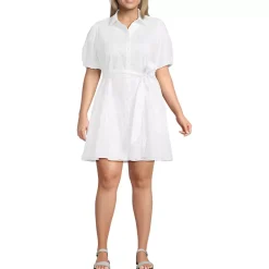 Women's Elbow Sleeve Eyelet Knee Length Shirt Dress