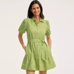 Women's Elbow Sleeve Eyelet Knee Length Shirt Dress