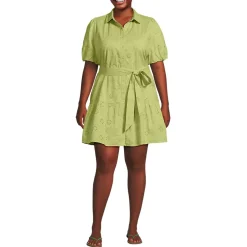 Women's Elbow Sleeve Eyelet Knee Length Shirt Dress