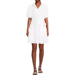 Women's Elbow Sleeve Eyelet Knee Length Shirt Dress