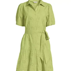 Women's Elbow Sleeve Eyelet Knee Length Shirt Dress