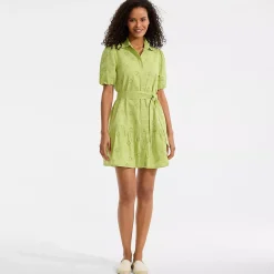 Women's Elbow Sleeve Eyelet Knee Length Shirt Dress